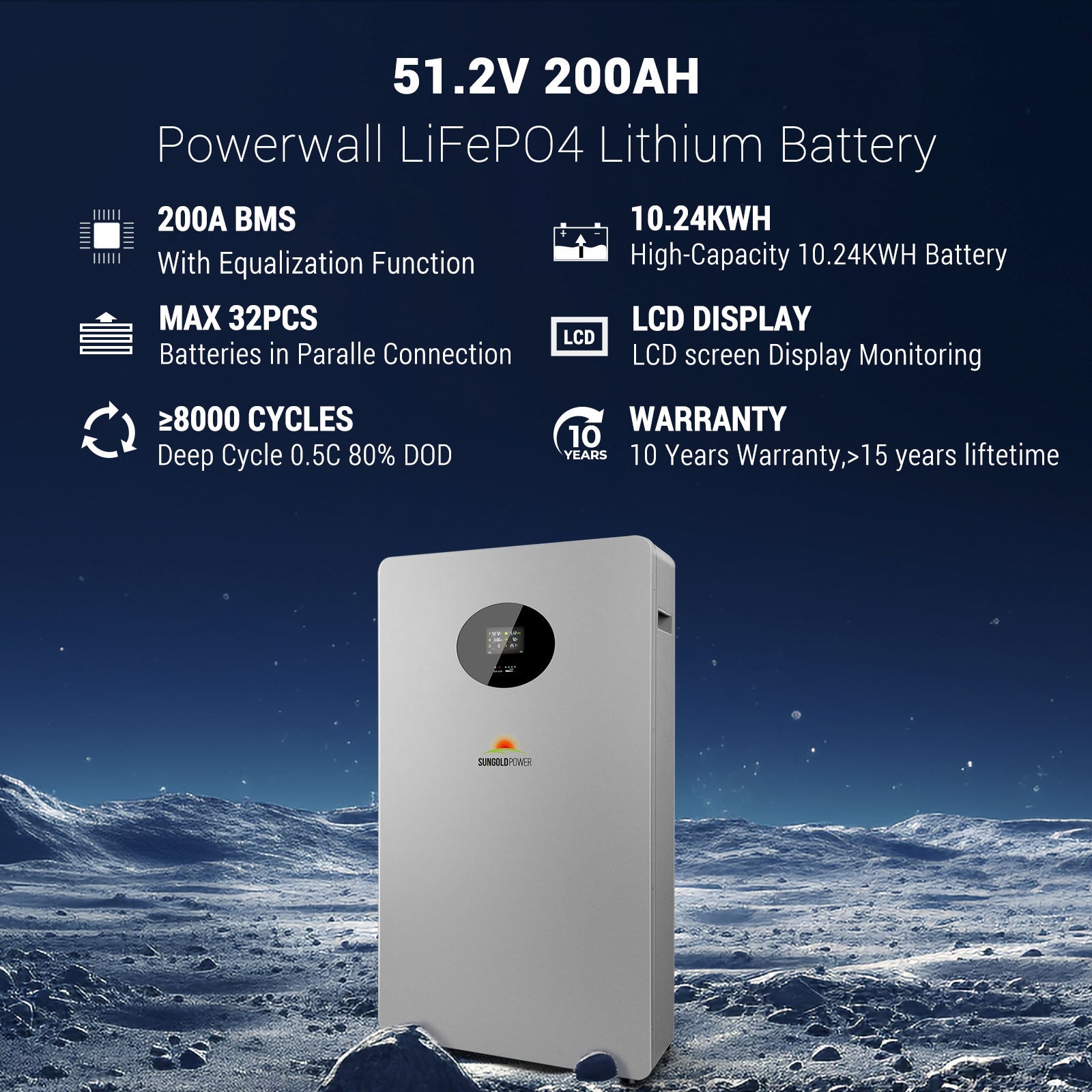 SunGold Power Powerwall X Lithium Battery | 10,240Wh Capacity | 51.2V - 200AH | 10 Year Warranty