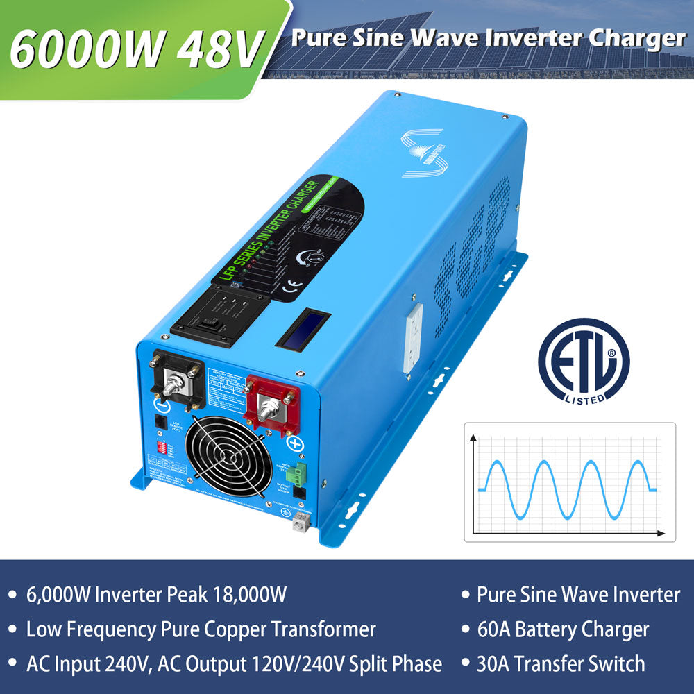 SunGold Power 48V Split Phase Pure Sine Wave Inverter | 6,000W Output | With Charger | UL1741 Standard