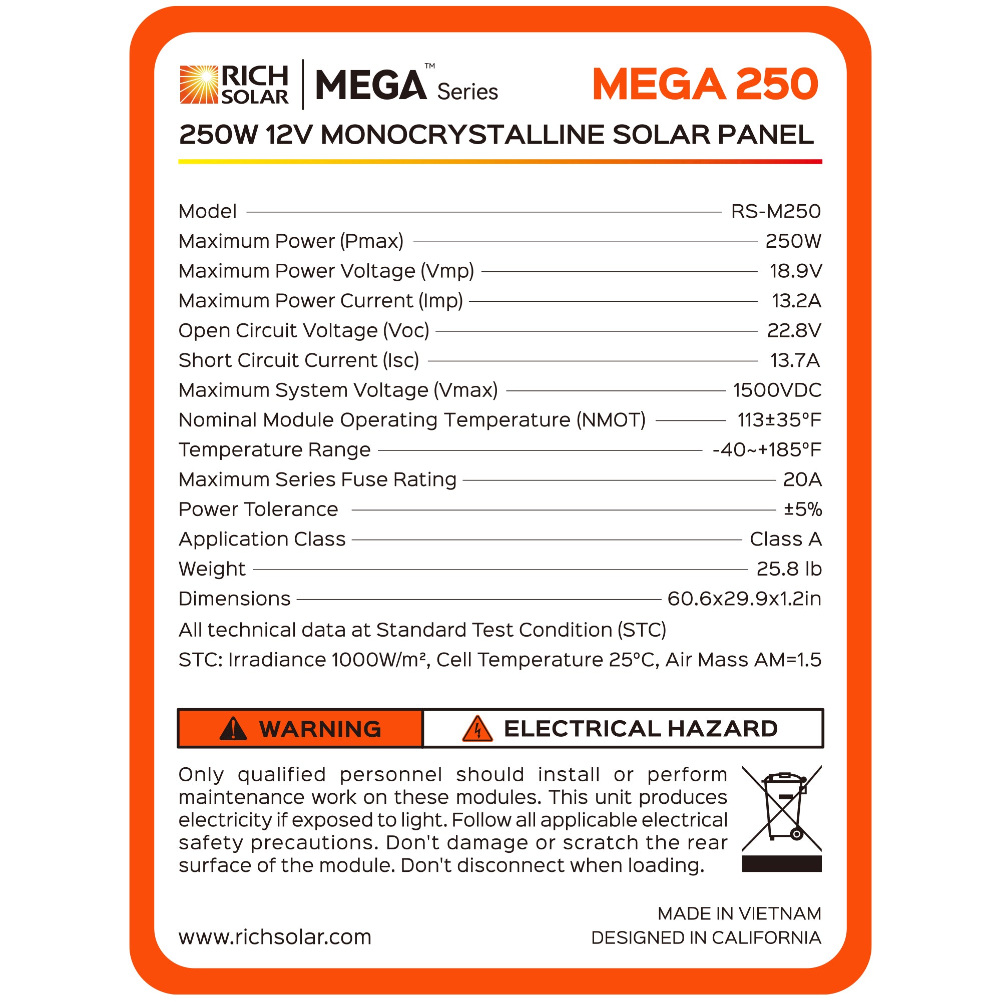 Rich Solar MEGA 250 Monocrystalline Solar Panel | 250W | UL Certified | 25 Year Warranty