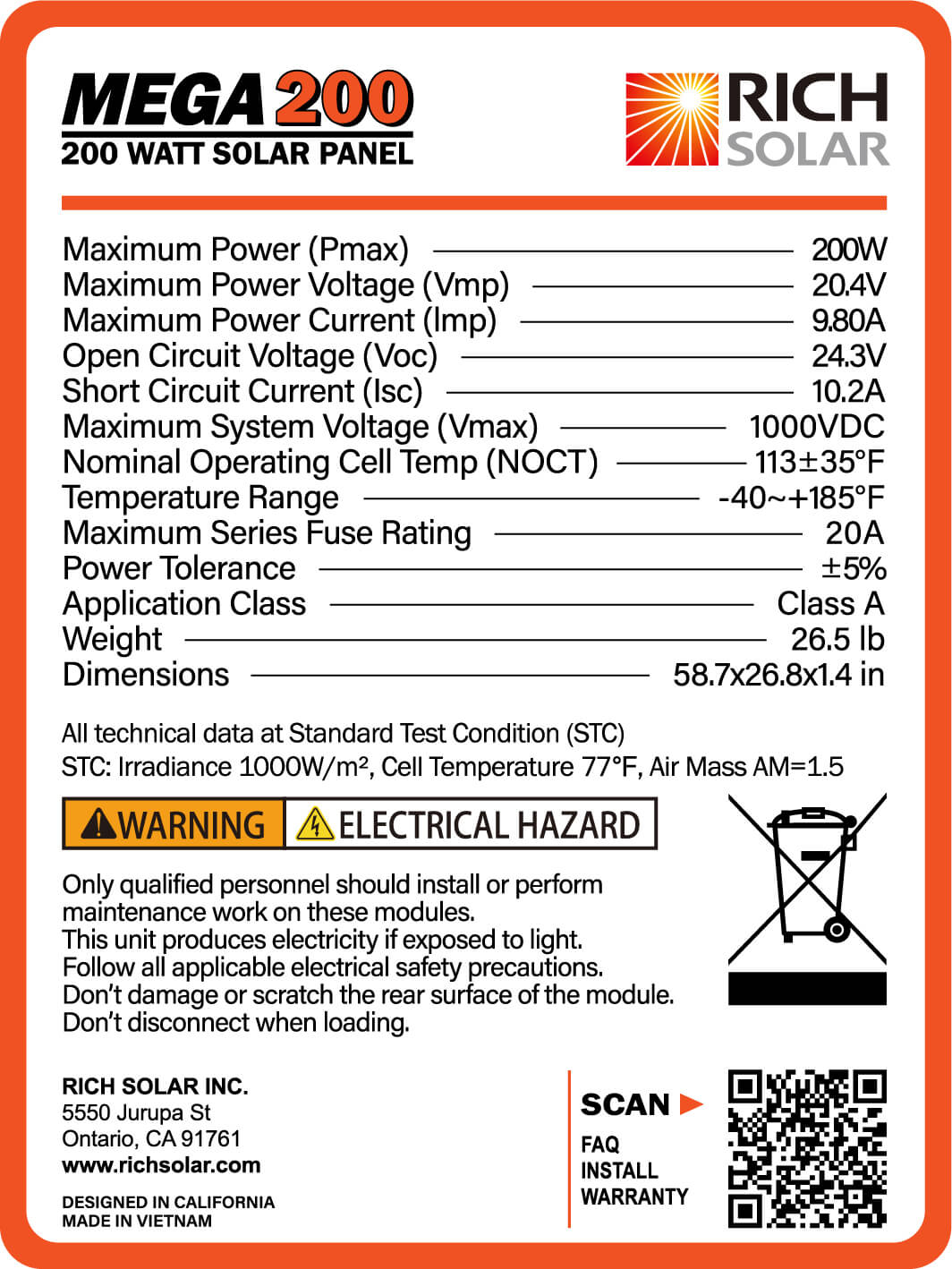 Rich Solar MEGA Monocrystalline Solar Panel | 200W | UL Certified | 25 Year Warranty