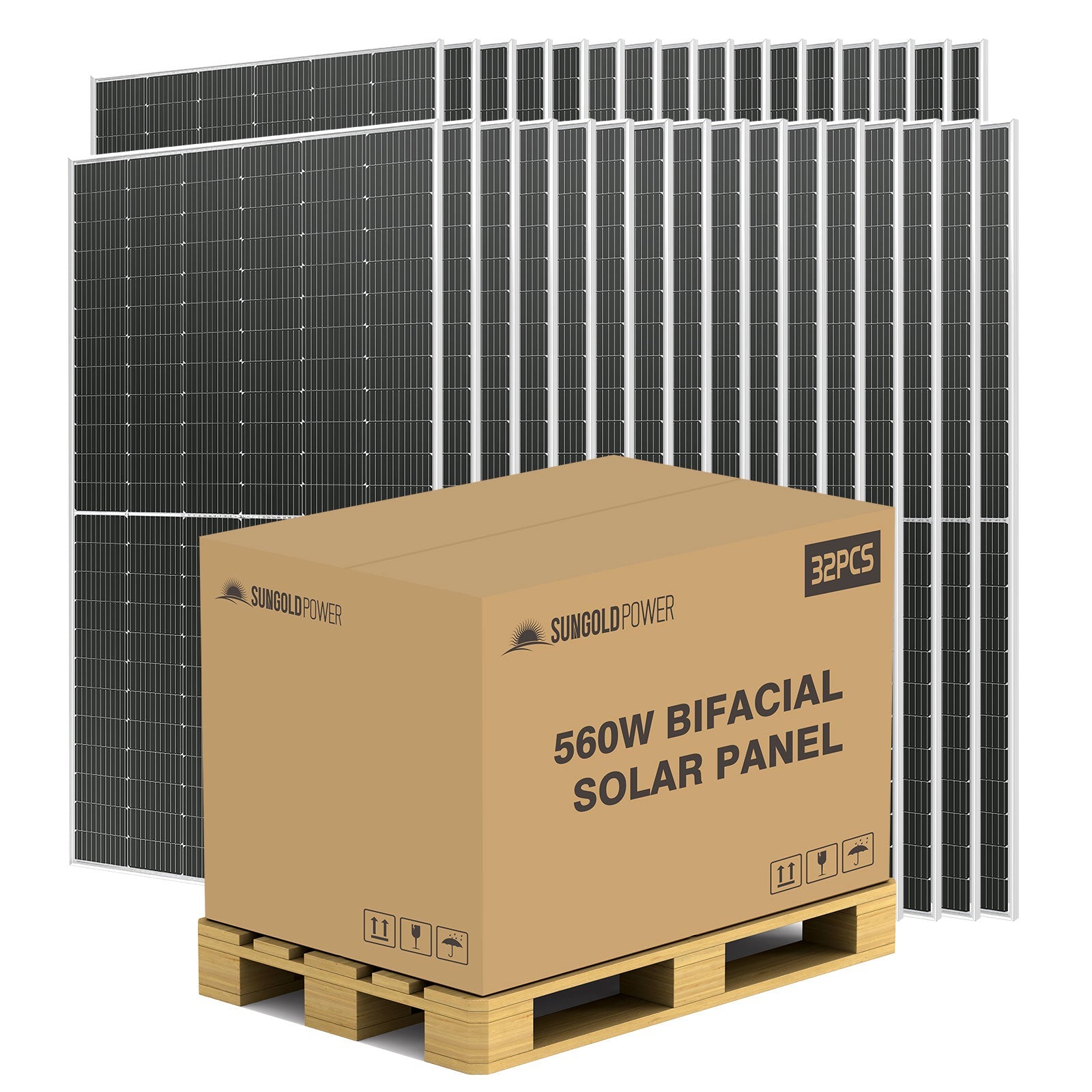 SunGold Power Bifacial PERC Bulk Solar Panels | 560W | 32 Panels per Pallet | 25 Year Warranty