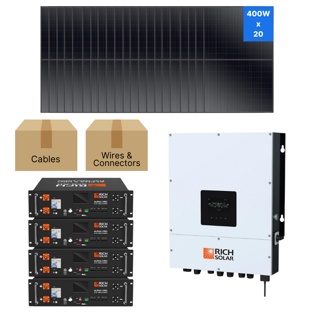 Rich Solar Hybrid Solar Kit | 8,000-16,000W Output - 20,480-61,440Wh Capacity | Tier 1 Solar Panels | Grid-Tie or Off Grid | Choose a Bundle